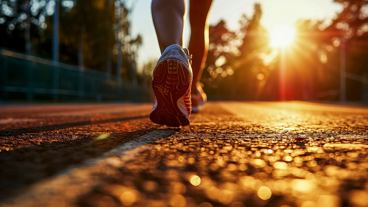 Close -up of the Running shoes of the person running on the pavement