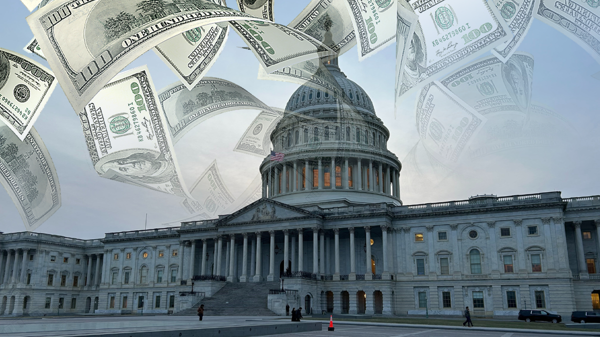 Cash photographic illustration with the United States Capitol building