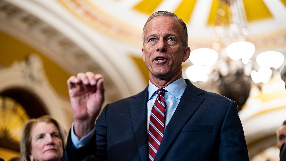 The leader of most Senate, John Thune, Rs.d., speaks to the media in Capitol